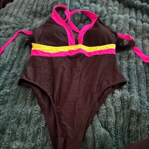 Women's One Piece Swimsuit in Black, Pink, and Yellow